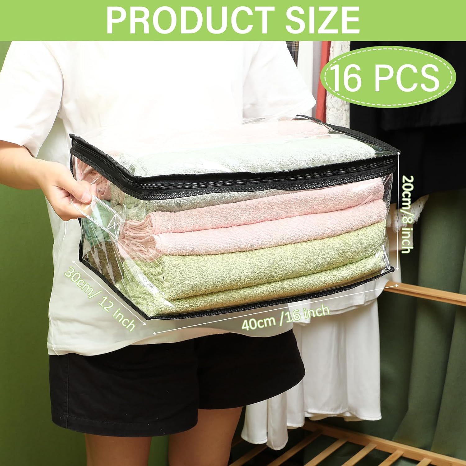 Paquete de 16 bolsas de almacenamiento de vinilo transparente con cremallera y asa de 16 x 12 x 8 pulgadas, manta, ropa, suéter, almohada, juguetes,