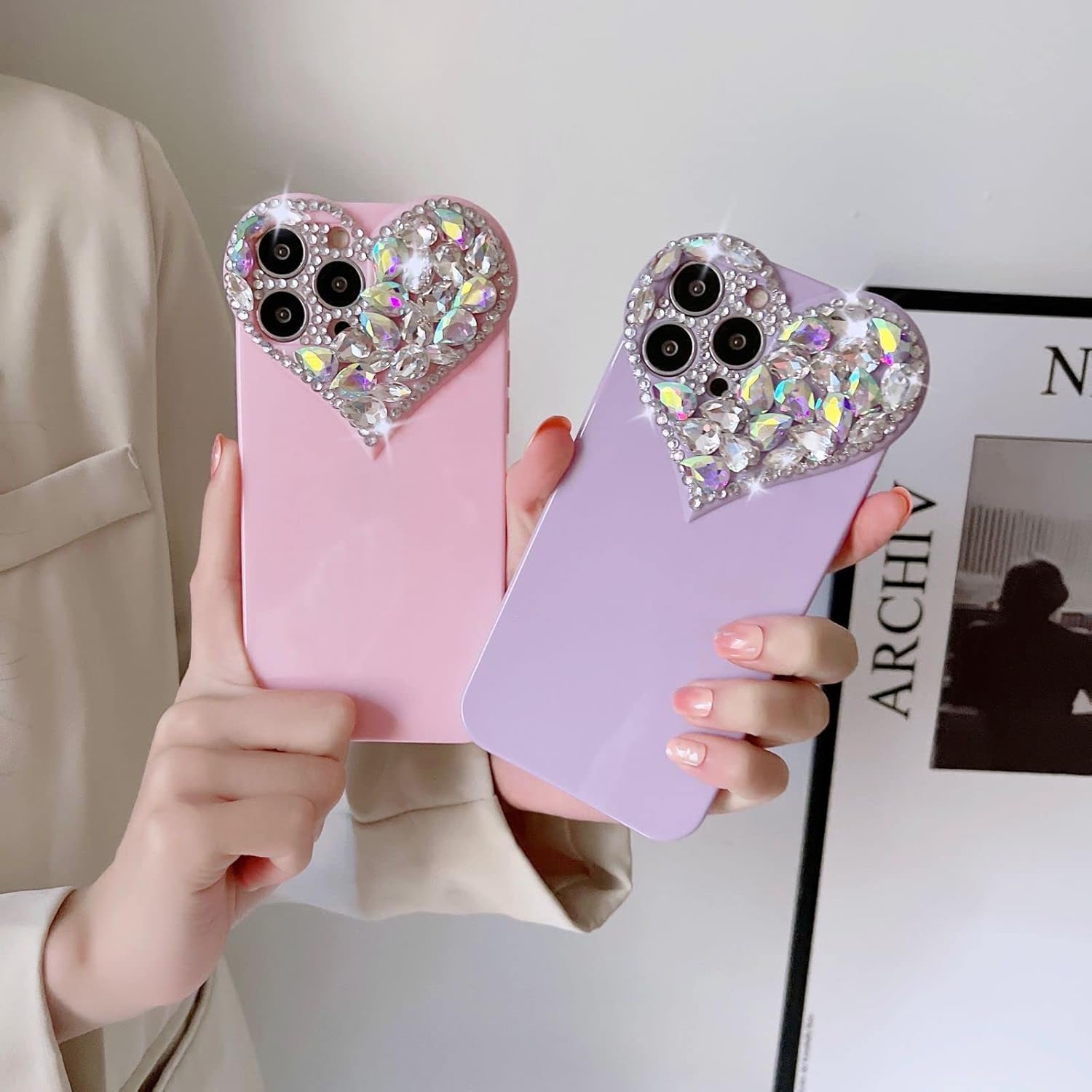 Bonita funda para iPhone 13 Mini con purpurina 3D, con gemas de corazón estéticas brillantes, bonita funda de poliuretano termoplástico suave para