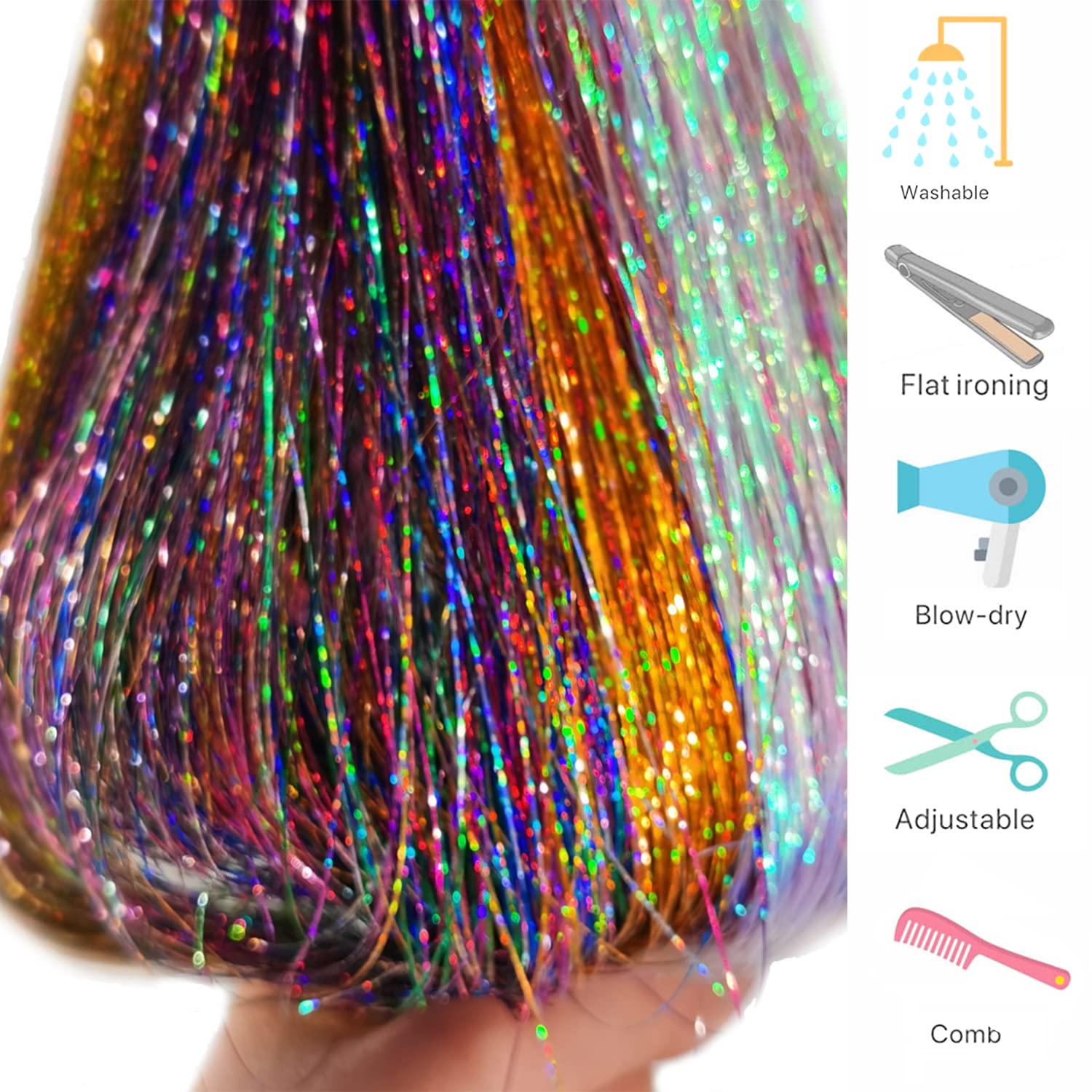 Kit de 6 piezas de oropel para el cabello, extensiones de cabello de oropel con purpurina de 20 pulgadas, resistentes al calor, hebras de cabello de