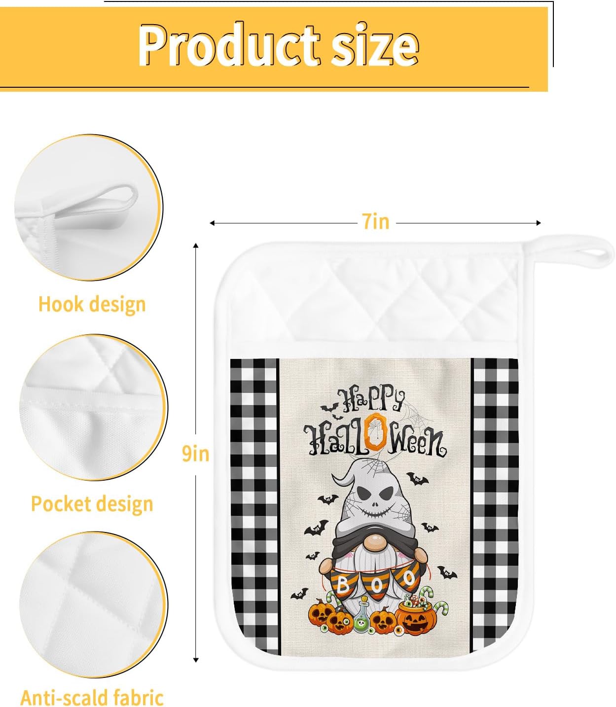 Juego de 2 soportes para ollas de Halloween para cocina, antideslizantes y aislantes de calor, juego de agarraderas de tela de toalla con bolsillo,