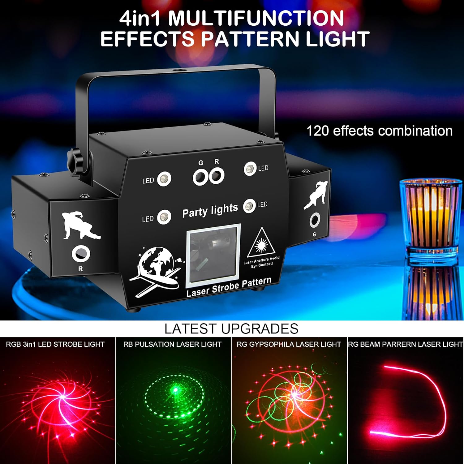 Luces láser para DJ para fiesta, proyector láser y efecto estroboscópico, iluminación de escenario por DMX512 Control y sonido activado con control
