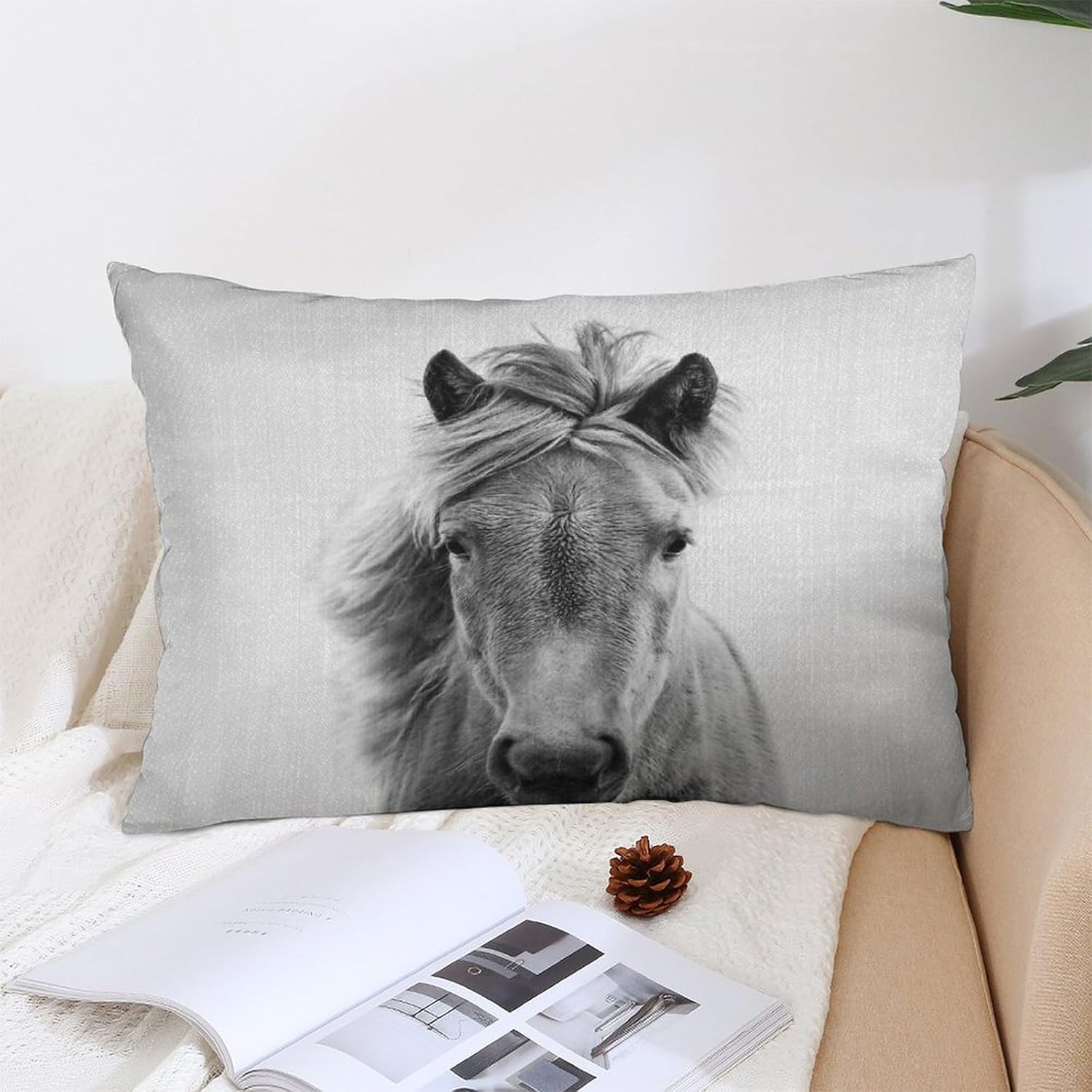 Funda de almohada decorativa rectangular con diseño de caballo, color blanco y negro, decoración del hogar, para sala de estar, sofá, coche, funda