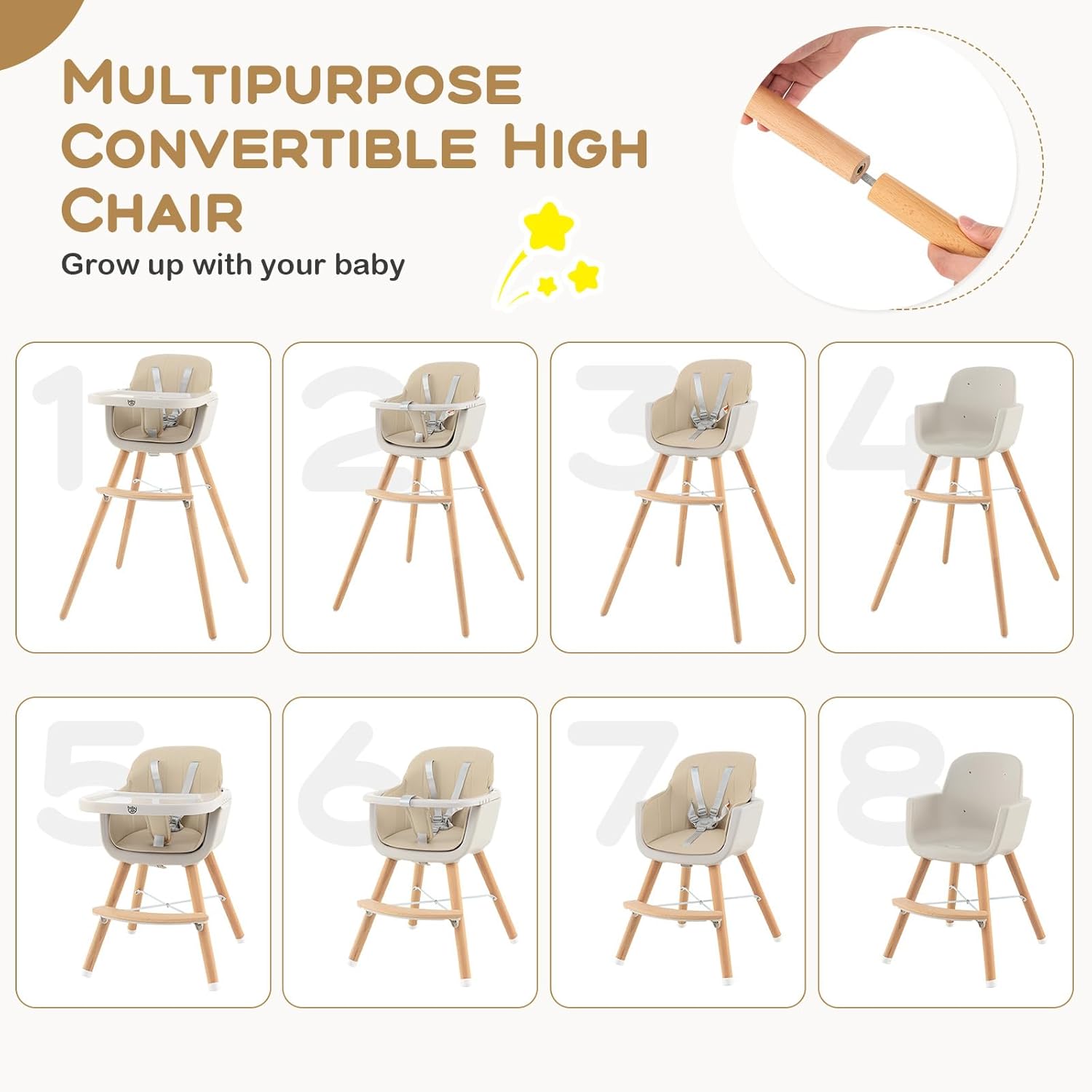 BABY JOY Silla alta convertible para bebé, silla alta de madera 3 en 1 con bandeja extraíble, patas ajustables, arnés de 5 puntos, cojín de