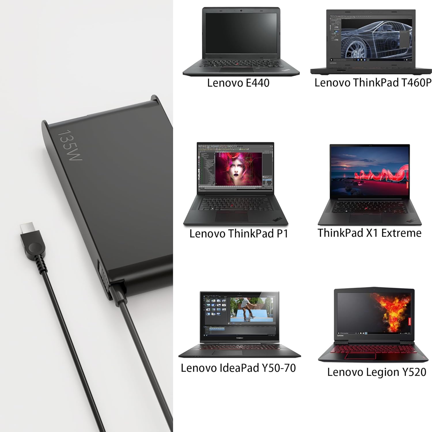 Adaptador de CA delgado de 20V 6.75A 135W para Lenovo Thinkpad X1 P1 P15v T15p ThinkPad T440P T470p T540p Ideapad 3 700 L340 Legion Y50 Y520 Y530