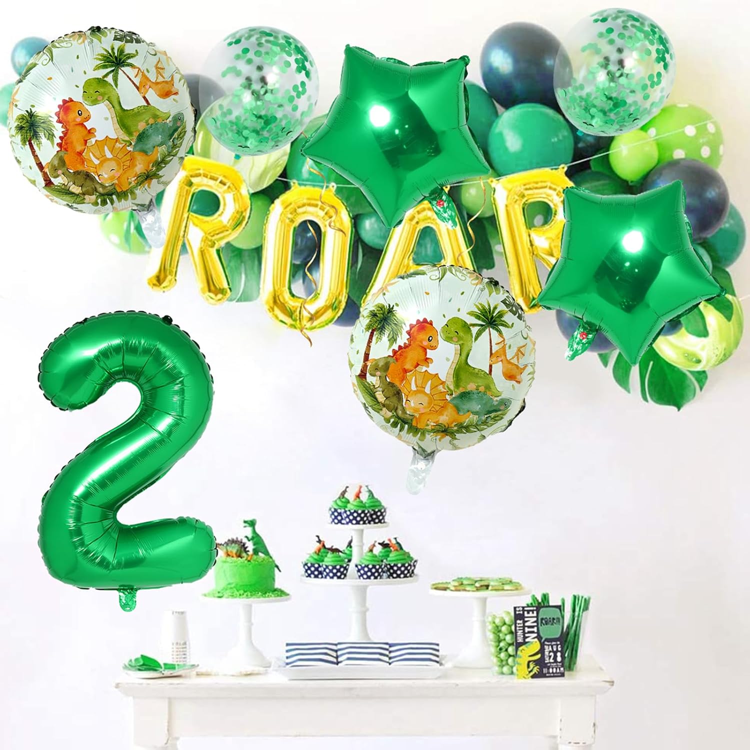 Decoraciones de globos de dinosaurio de 2 cumpleaños para niños, globo verde número 2 para decoración de cumpleaños de niños, dinosaurio rancho