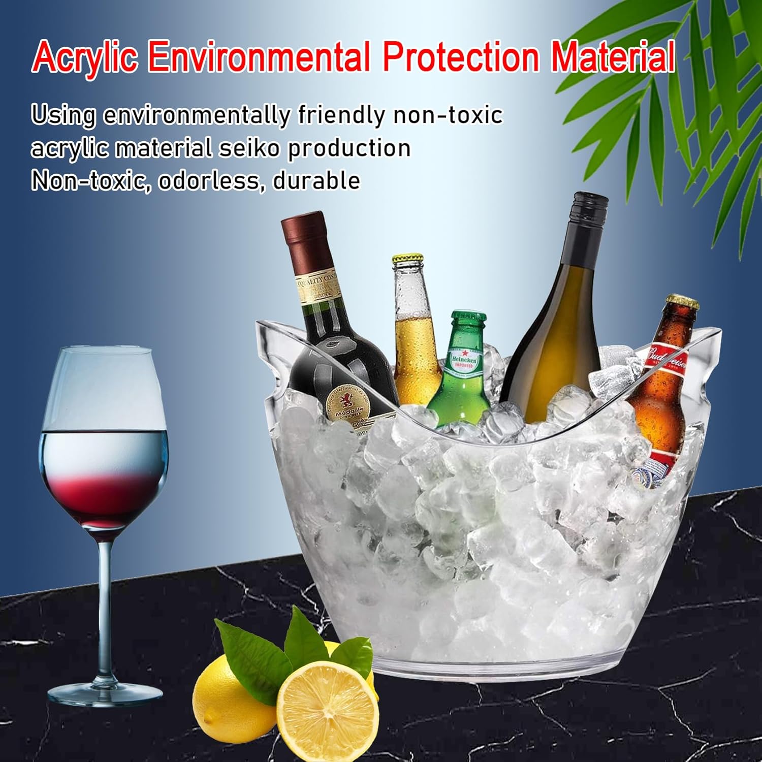 Bonchoice Cubo de hielo de 4 litros y 8 litros, cubeta de bebidas para vino champán para fiestas, tina de hielo acrílico de plástico con cucharas