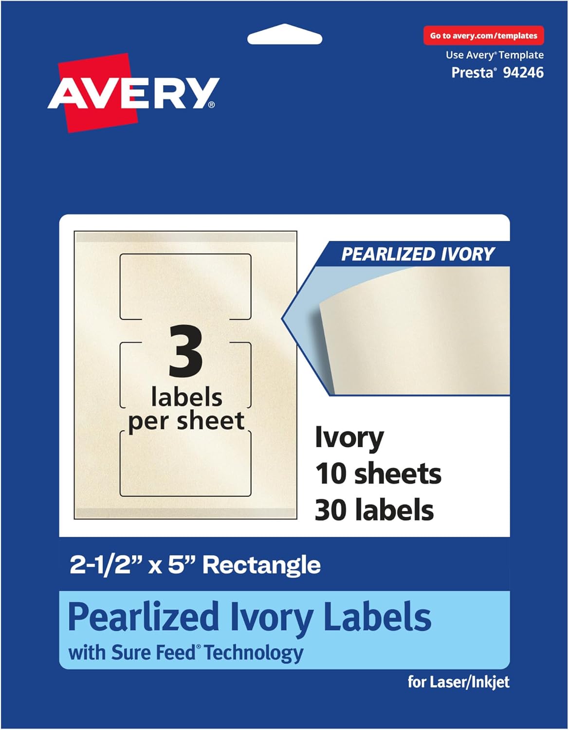 Avery Etiquetas rectangulares de marfil perlado con tecnología Sure Feed, impresión hasta el borde, 2.5 x 5 pulgadas, 30 etiquetas de marfil