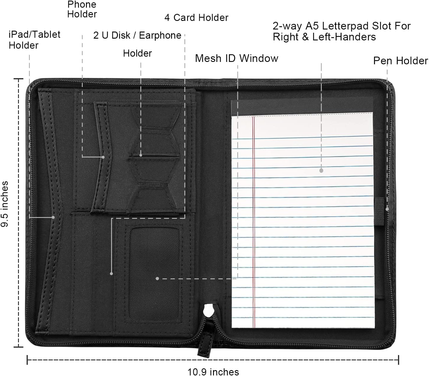 Carpeta Junior PadfolioCurrículum con bloc de notas forrado recargable, carpeta de padfolio A5, cartera de negocios, funda multifunción, bloc de