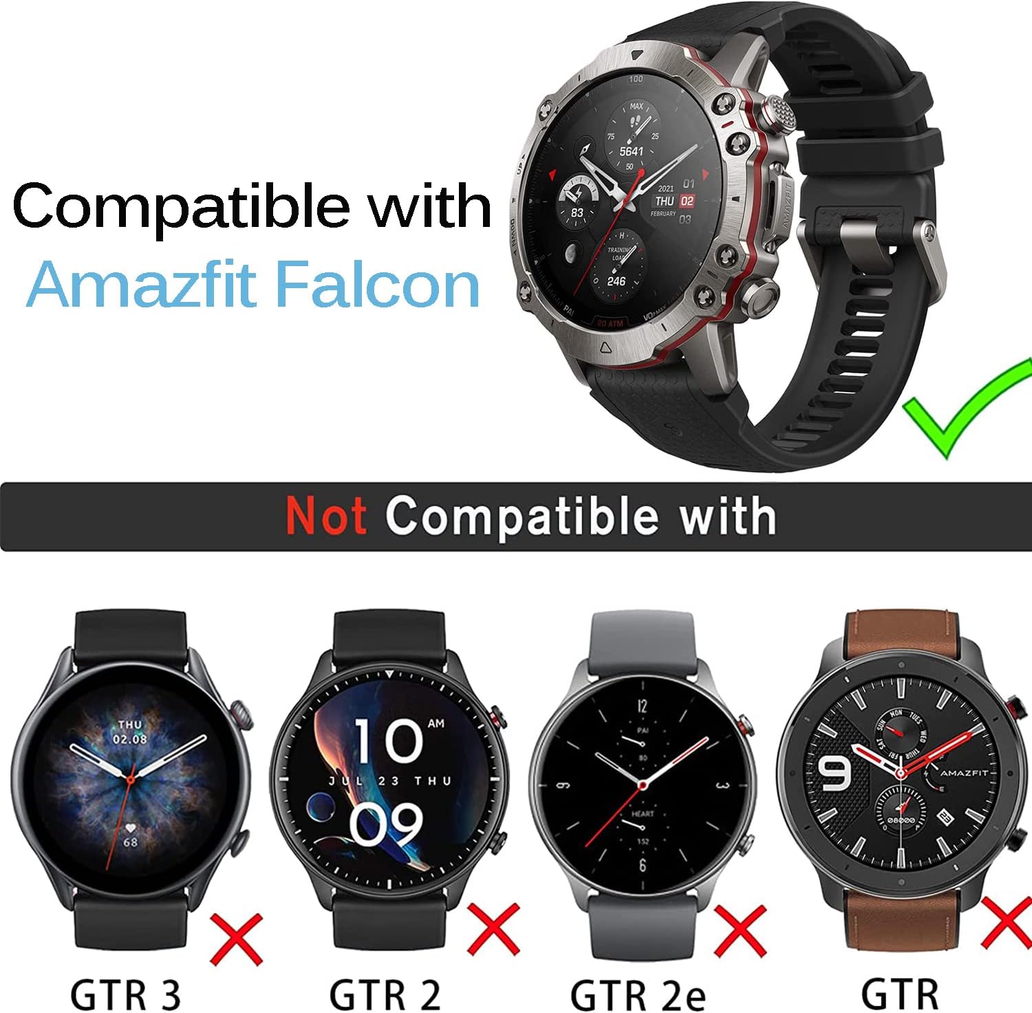 Miimall Compatible con las correas de reloj Amazfit Falcon de 0.866 in para mujeres y hombres, correa de silicona sin huecos, correas de repuesto