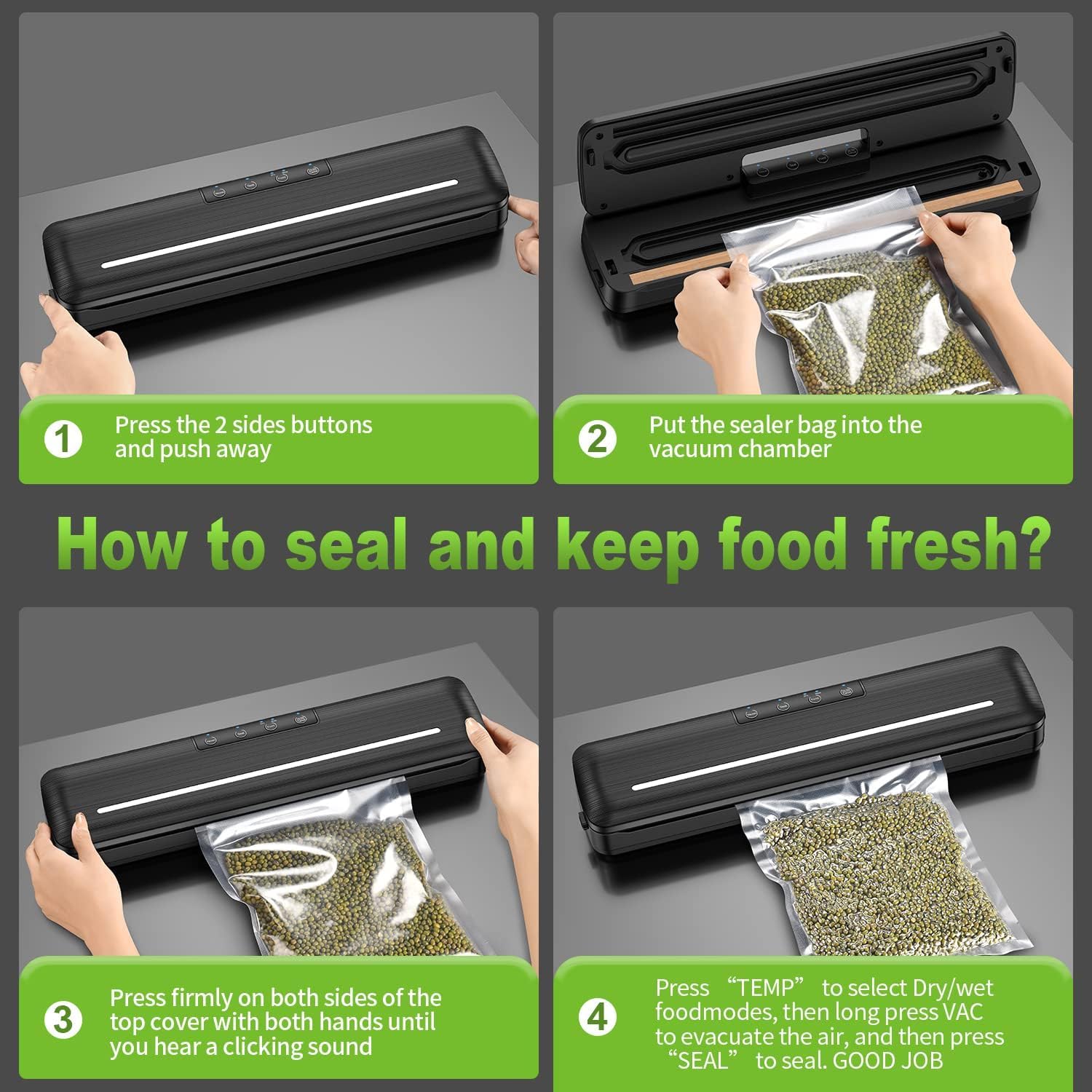 Sellador al vacío automático de sellado de aire para alimentos con modos de alimentos secoshúmedos y diseño de corte con 10 bolsas selladoras de