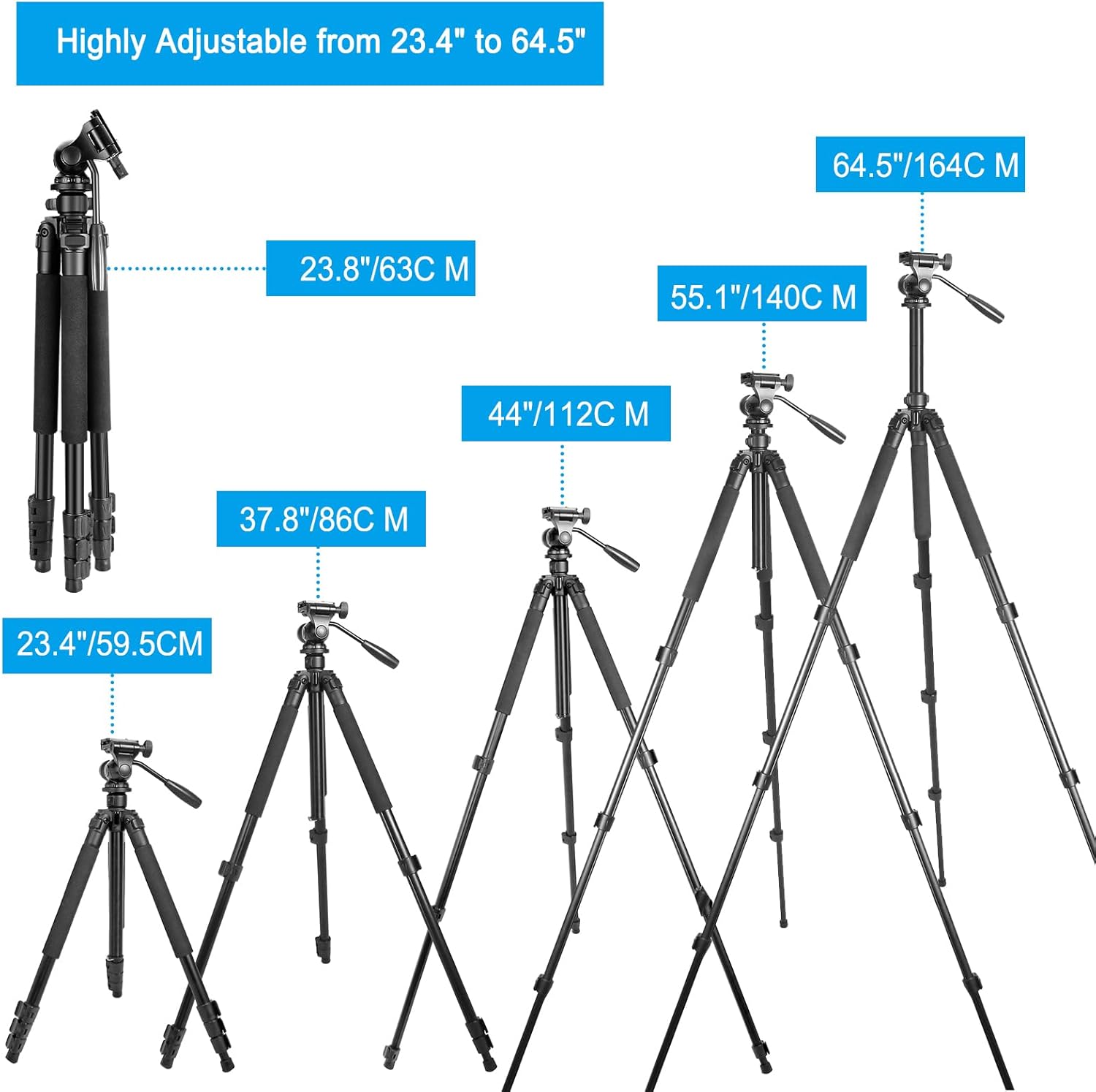 Trípode portátil de viaje de 64.5 pulgadas, compatible con cámaras SLR, teléfonos celulares, binoculares, visores de observación, monoculares