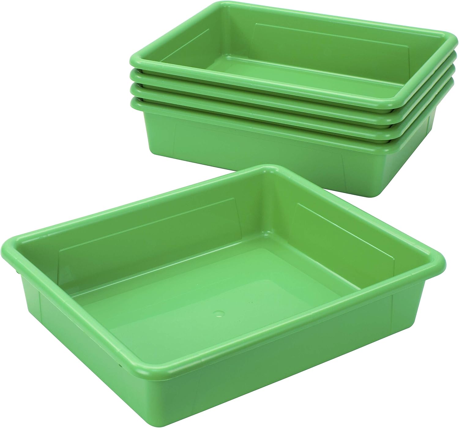 Storex Bandeja de almacenamiento plana tamaño carta, contenedor organizador con tapa sin broches para aula, oficina y hogar, verde, paquete de 5