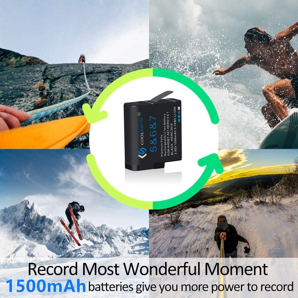 COOLSHOW – Batería de repuesto para Hero 7, 6, 5 (paquete de 2) y cargador Triple Hero 7 compatible con GoPro Hero 7 Black, Hero 6 Black, Hero 5