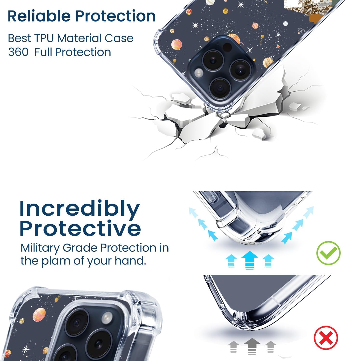 Hi Space Compatible con iPhone 15 Pro Max, funda de astronauta, planeta, estrella espacial, luna con purpurina, transparente para mujeres y hombres,