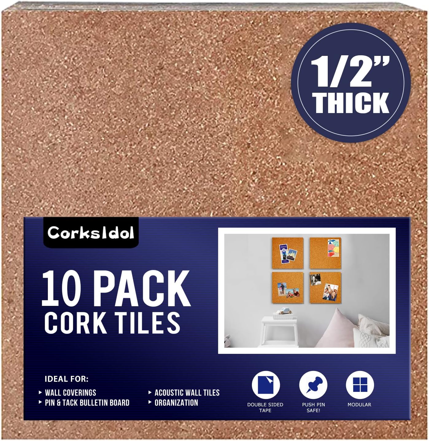 Corksidol Azulejos de corcho de 12 x 12 pulgadas  12 pulgada de grosor  Tablero de anuncios  Tablero de corcho, parte trasera autoadhesiva ultra