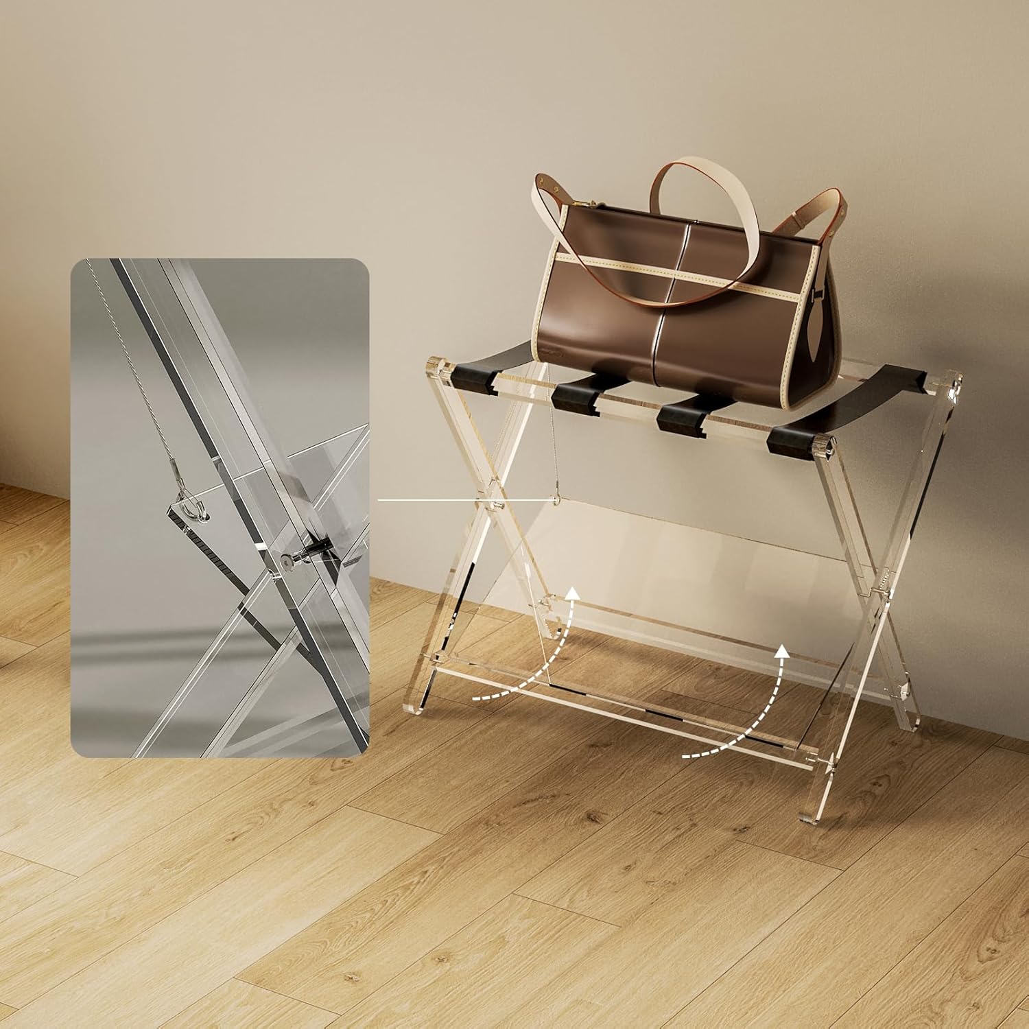 Sumerflos Portaequipajes de acrílico para habitación de invitados, soporte plegable transparente de lujo con estante de almacenamiento acrílico y