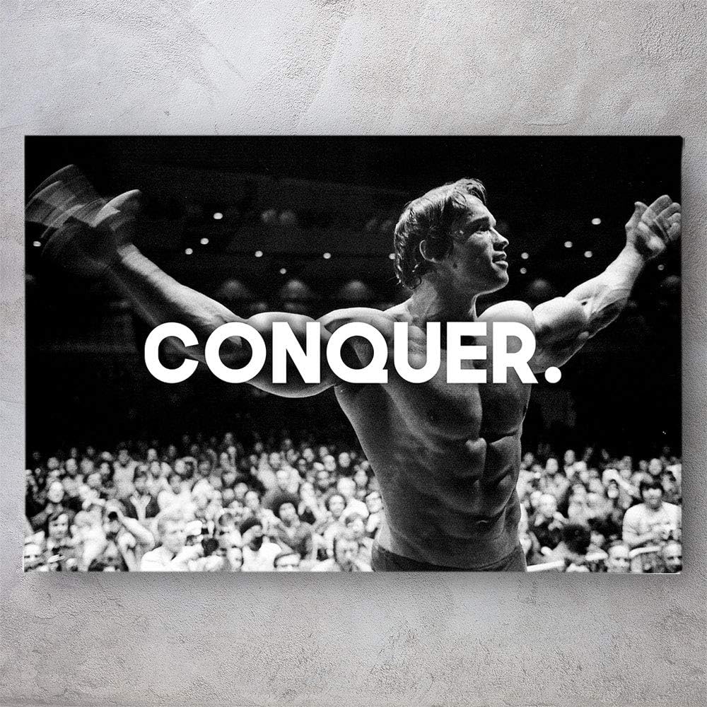 “AWESOMETIK” Arnold Schwarzenegger Conquer Bodybuilding – Lienzo decorativo motivacional para pared, decoración de oficina. Listo para colgar.