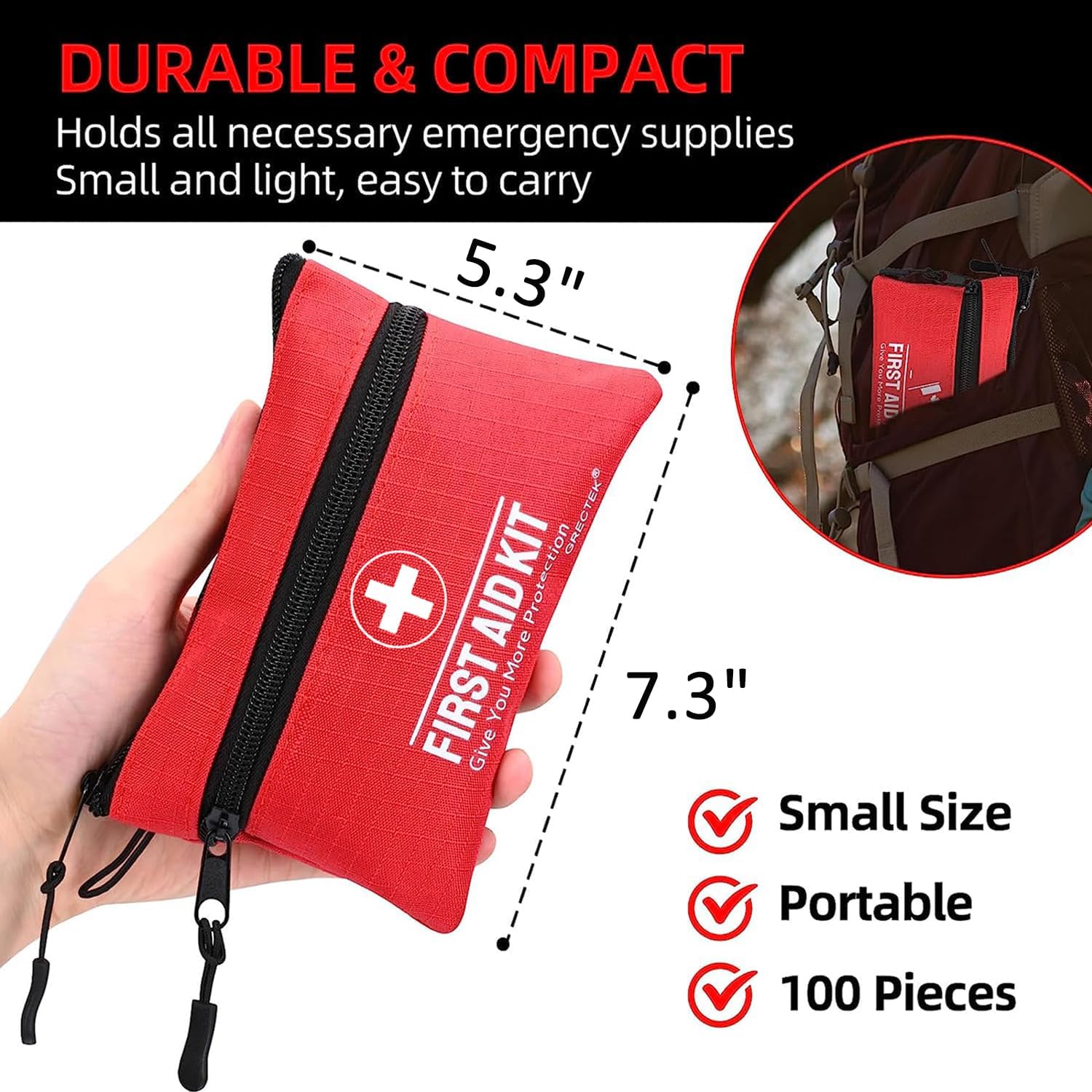 Kit de primeros auxilios de supervivencia de 100 piezas de bolsillo, ligero y compacto con cremalleras dobles (paquete de 5)