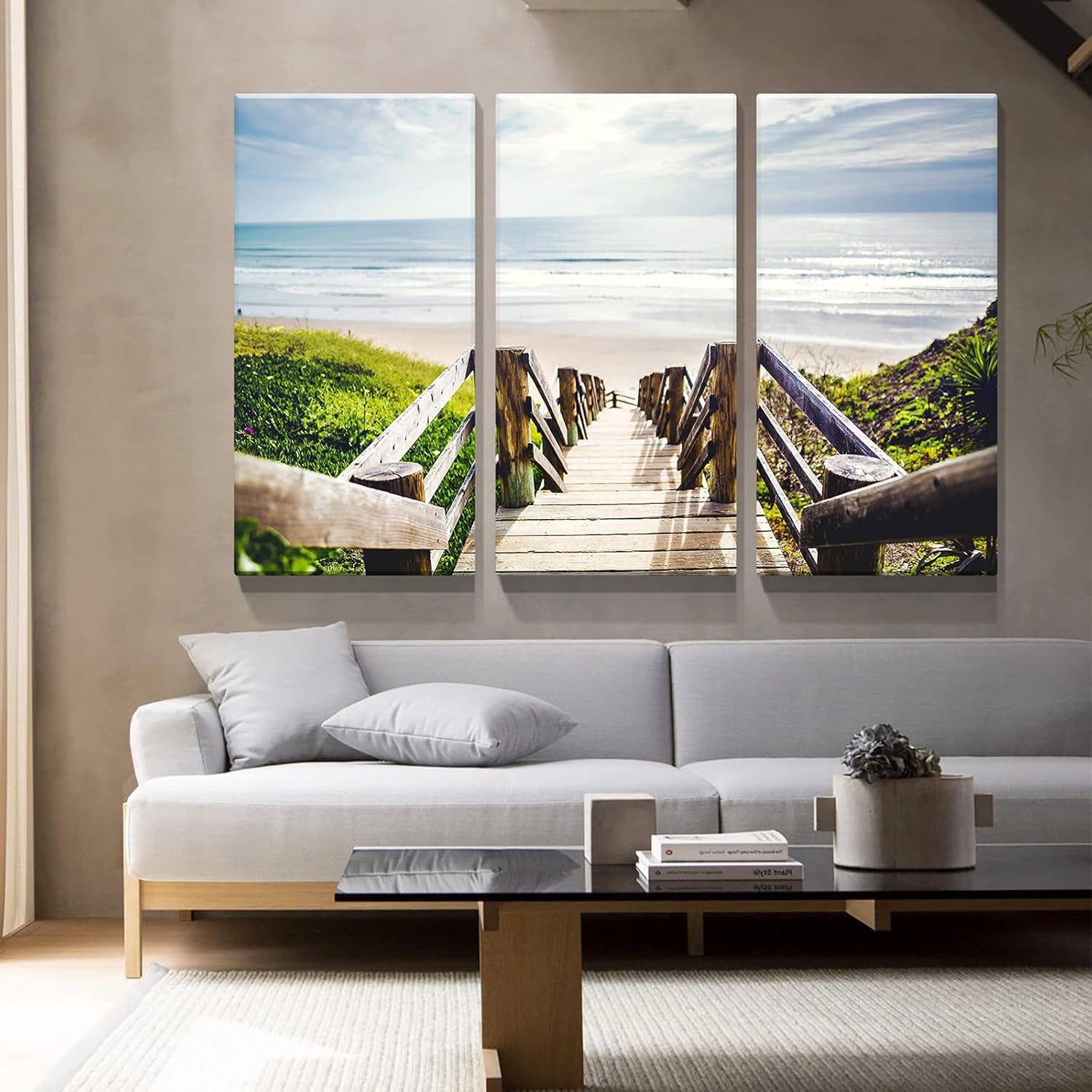 Denozer 3 paneles de arte de pared de camino de madera junto a la playa arte gráfico sobre lienzo envuelto para decoración de pared, estirado y