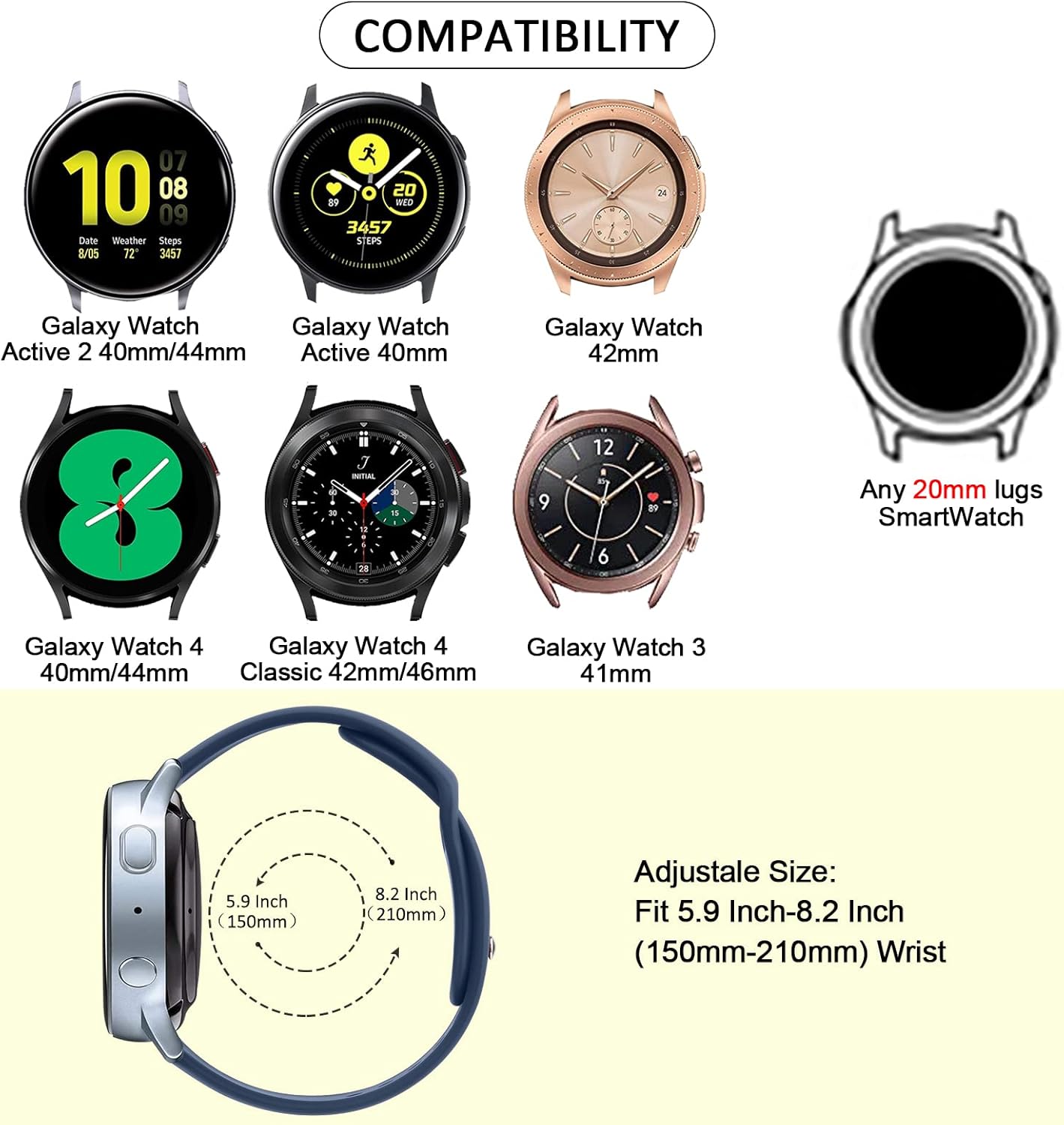 Correas para Samsung Galaxy Watch Active 2 Band 1.575 in 1.732 in, mujeres y hombres, Galaxy Watch 4  4 Classic, Galaxy Watch 5  5 Pro, 4 correas