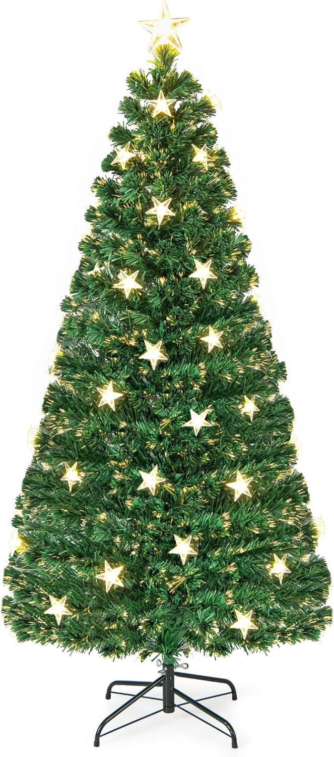 HAPPYGRILL Árbol de Navidad preiluminado de 6 pies, árbol de Navidad artificial con 230 puntas de rama, 30 luces de estrella blancas cálidas, fibra