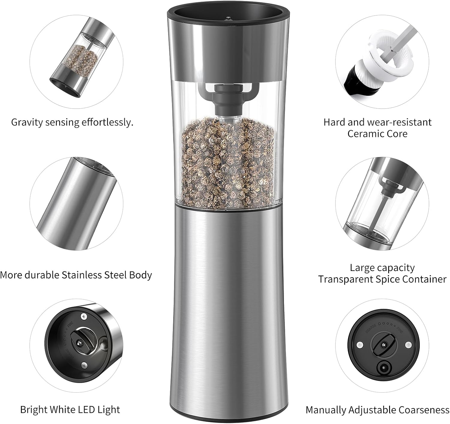 Juego de molinillo eléctrico de sal y pimienta con base de carga recargable USB, molinillo de pimienta eléctrico de inducción automática con grosor