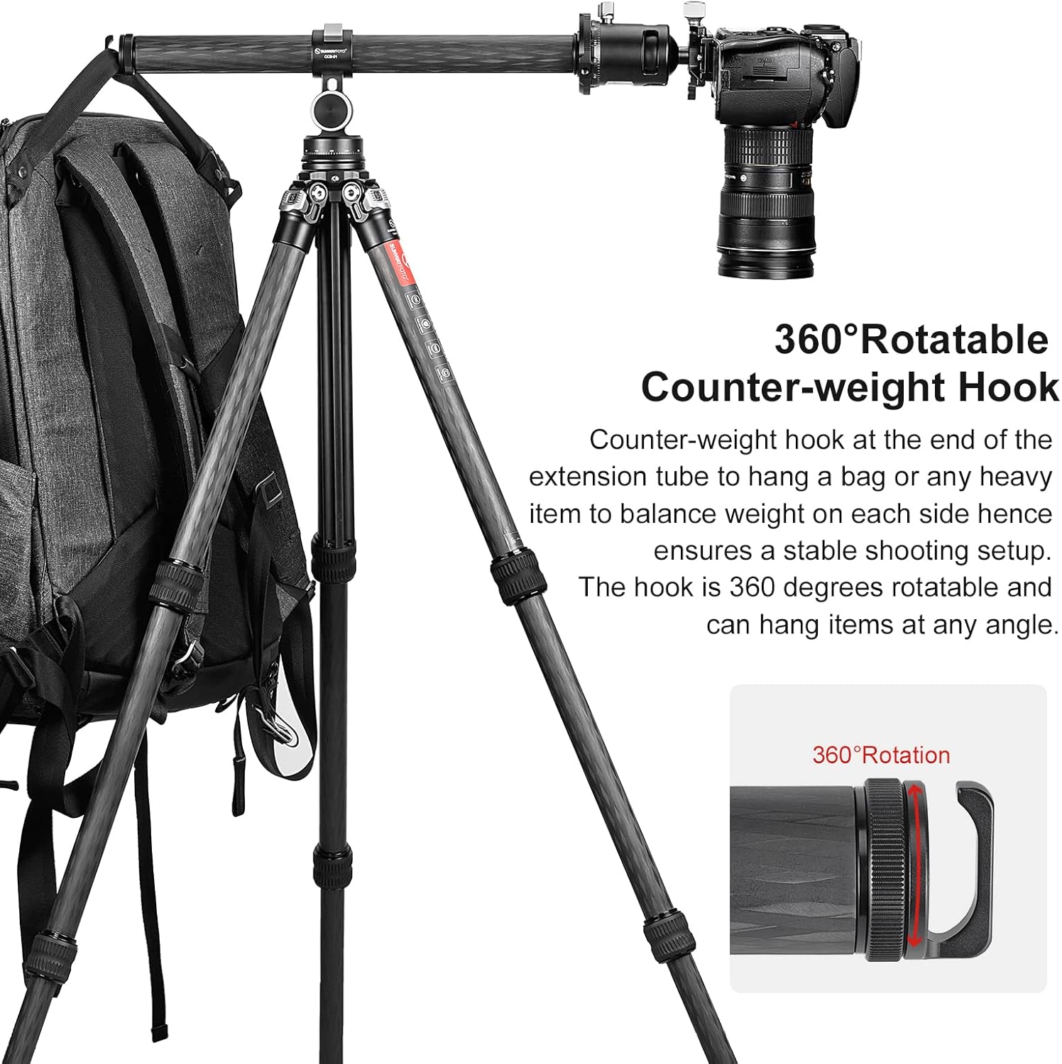 SUNWAYFOTO CCB-01 1.260 in trípode de carbono brazo superior con 2-Way Head Kit DSLR Overhead Mount para disparo horizontal