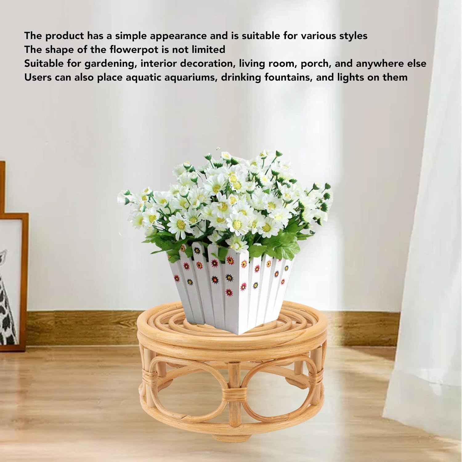 Pequeño soporte redondo bohemio para plantas de ratán para interiores, soporte rústico para plantas de granja, para el hogar, cocina, mesa,