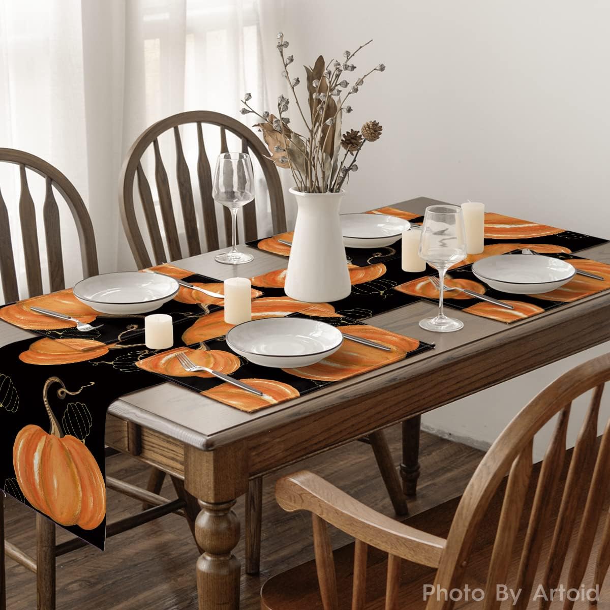 Artoid Mode Juego de 2 manteles individuales de otoño de 12 x 18 pulgadas con diseño de calabazas negras para decoración de fiestas, cocina, comedor