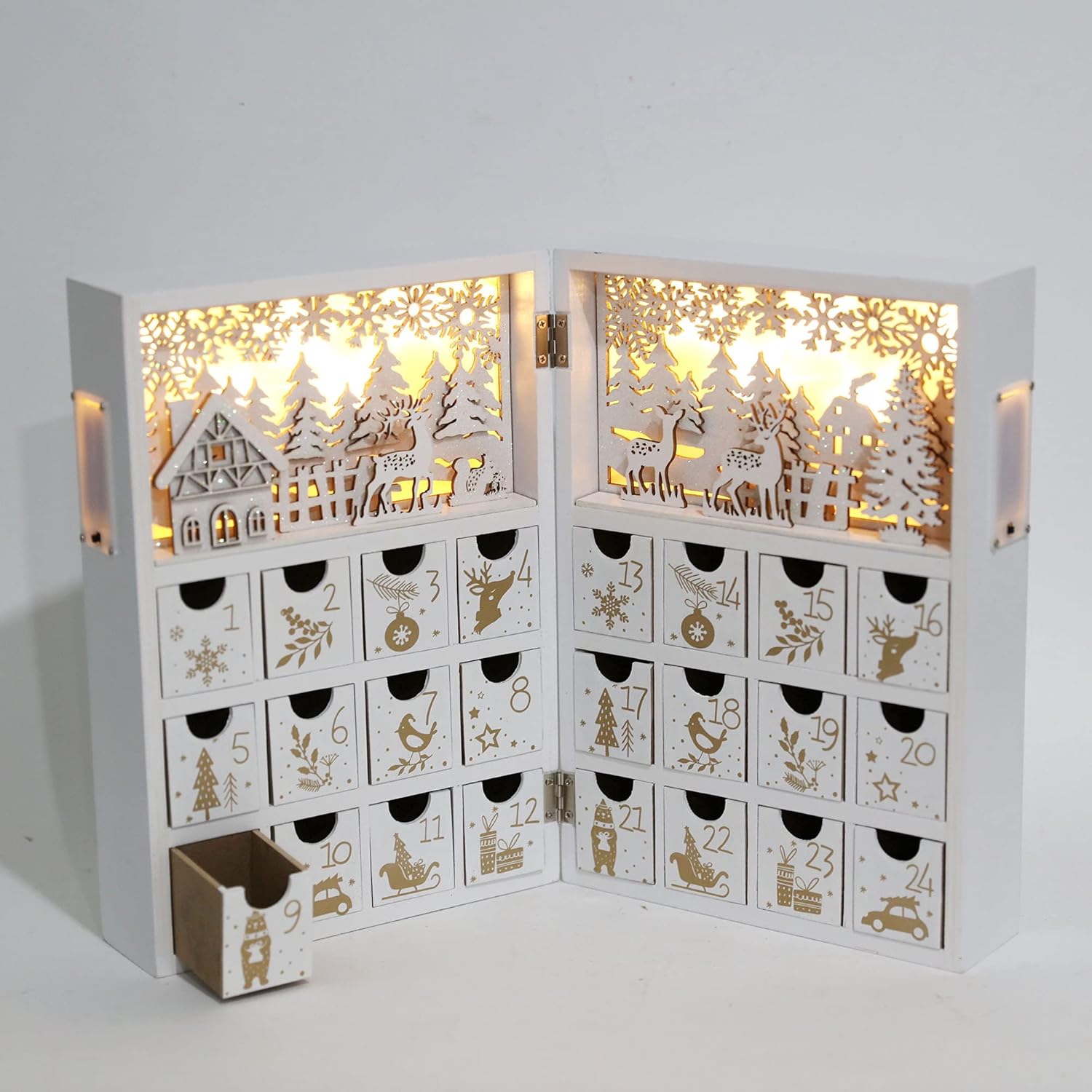 PIONEER-EFFORT Calendario de Adviento de madera de Navidad con LED, blanco y dorado, cuenta regresiva de renos de Navidad, regalos de vacaciones con