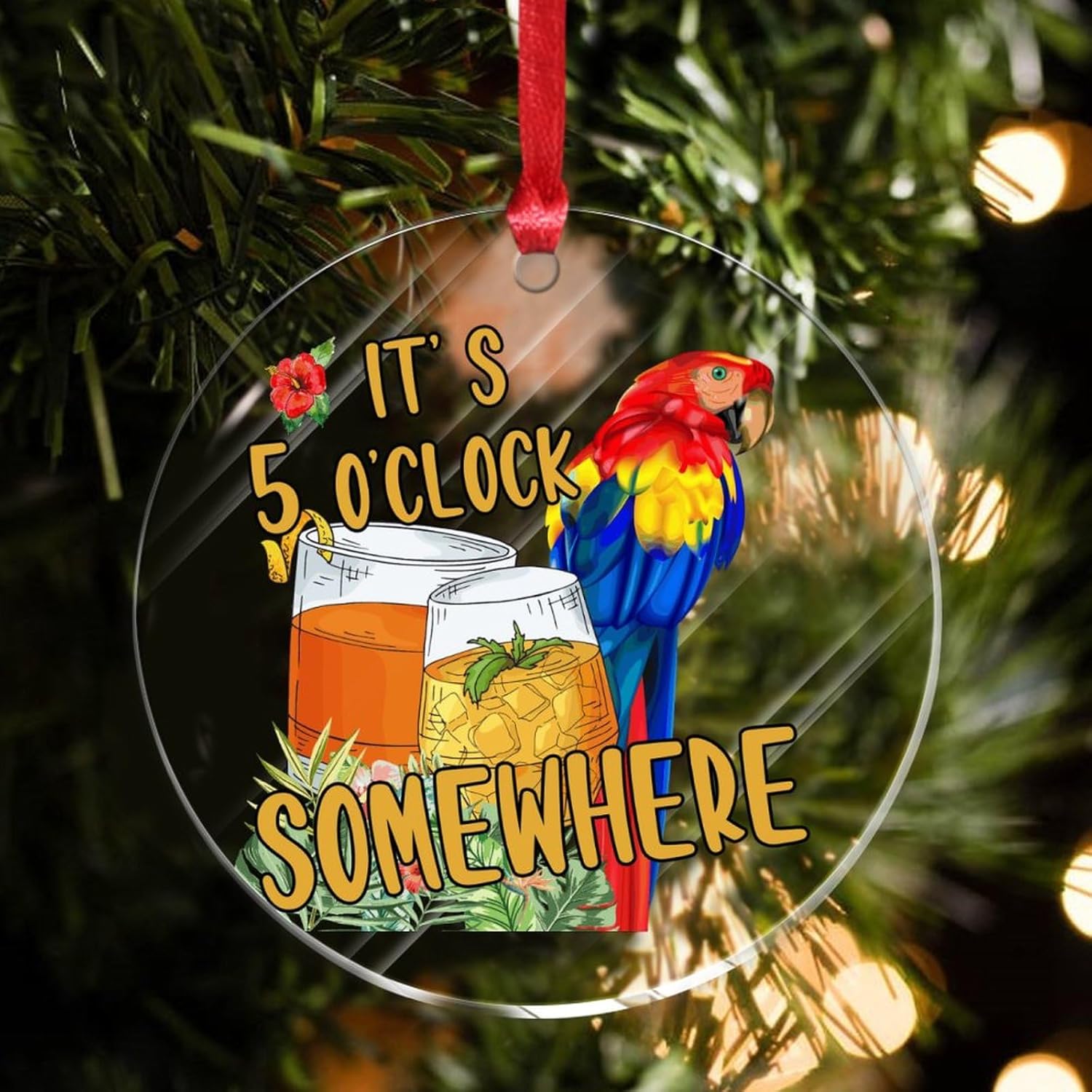 Adornos de Navidad 2023 It’s Five O’Clock Somewhere Adornos de Navidad acrílicos Tiki Bar Pool Jacuzzi Luau Colgante Loro Flores Flamenco Playa