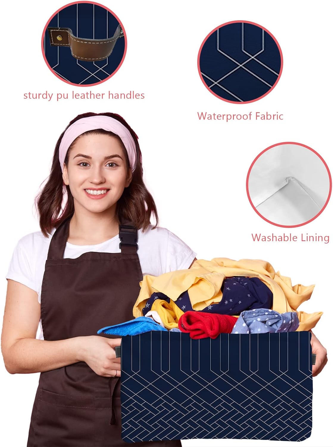 Cesta de almacenamiento geométrica azul marino y blanco para organizar estantes, cajas de almacenamiento plegables con asa, cesta de lona de arte