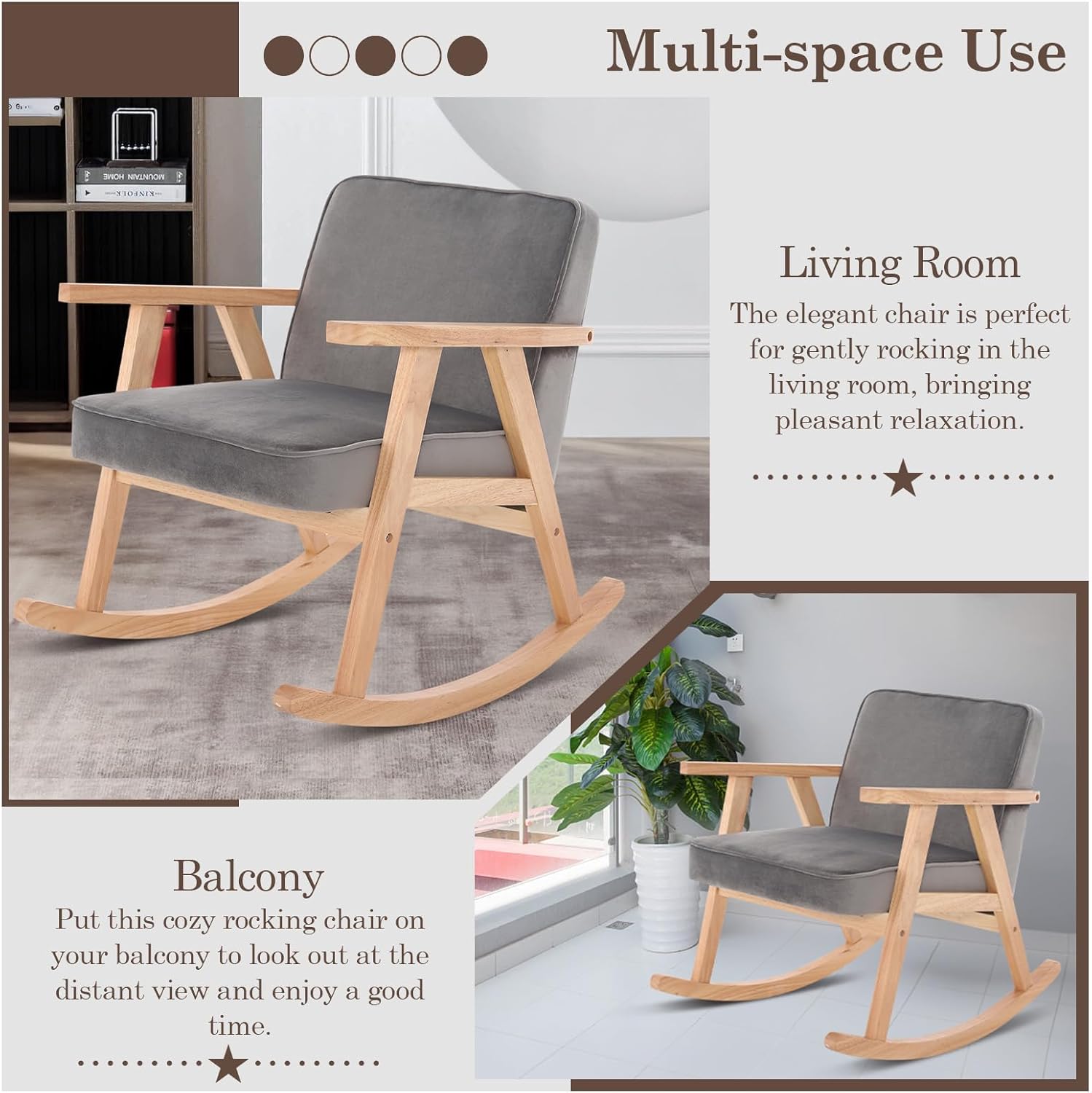 JEEOHEY Mecedora de terciopelo moderno de mediados de siglo, cómoda silla tapizada con brazo deslizante con madera maciza para sala de estar,