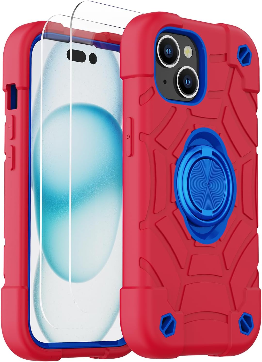 KCJ Funda compatible con iPhone 15 Plus14 Plus con 2 protectores de pantalla soporte de anillo silicona suave + policarbonato duro, protección de