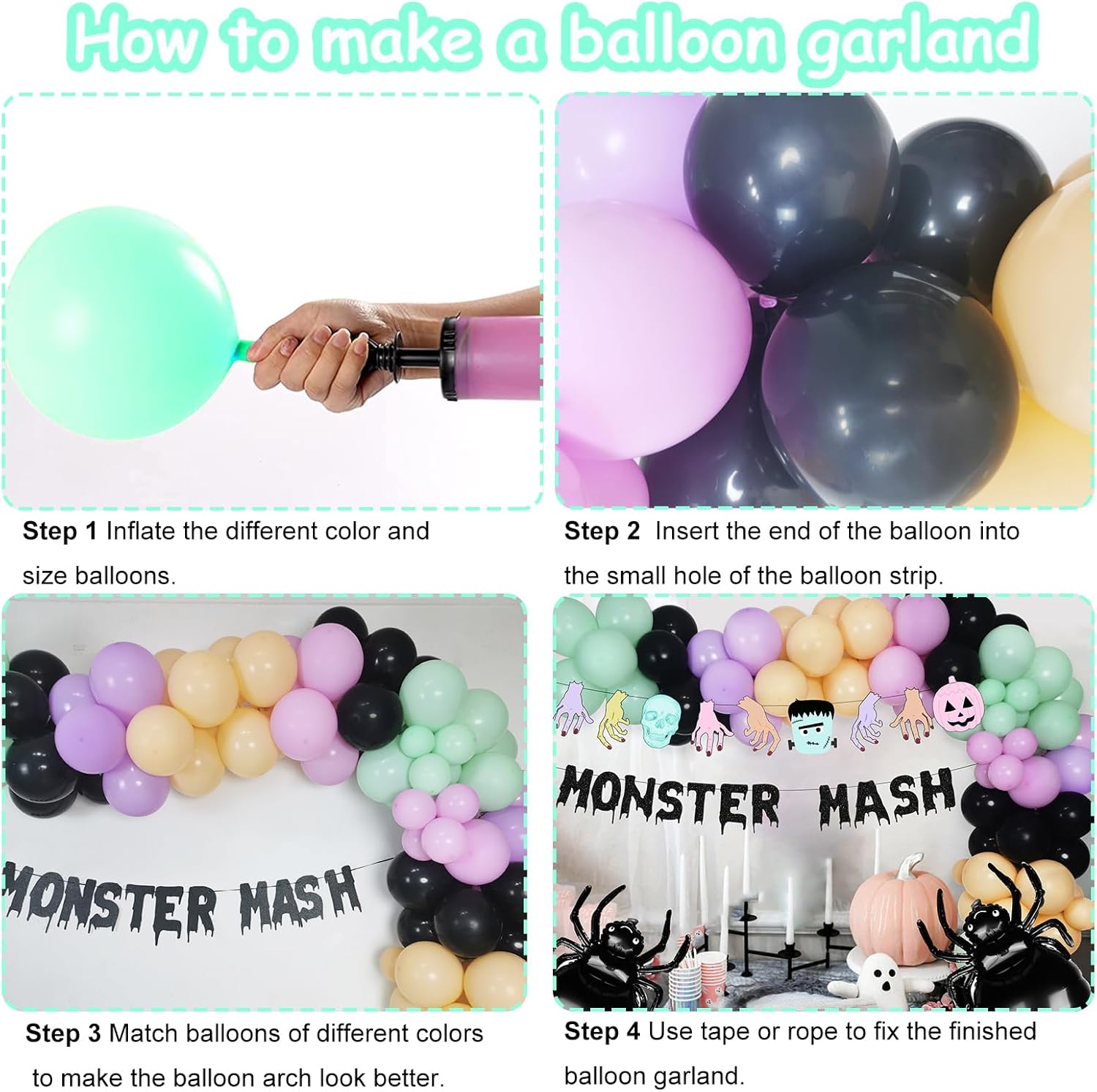 Kit de arco de guirnalda de globos de monstruo de Halloween, globos negros, morados, verdes con globos de papel de aluminio, pancarta de monstruo
