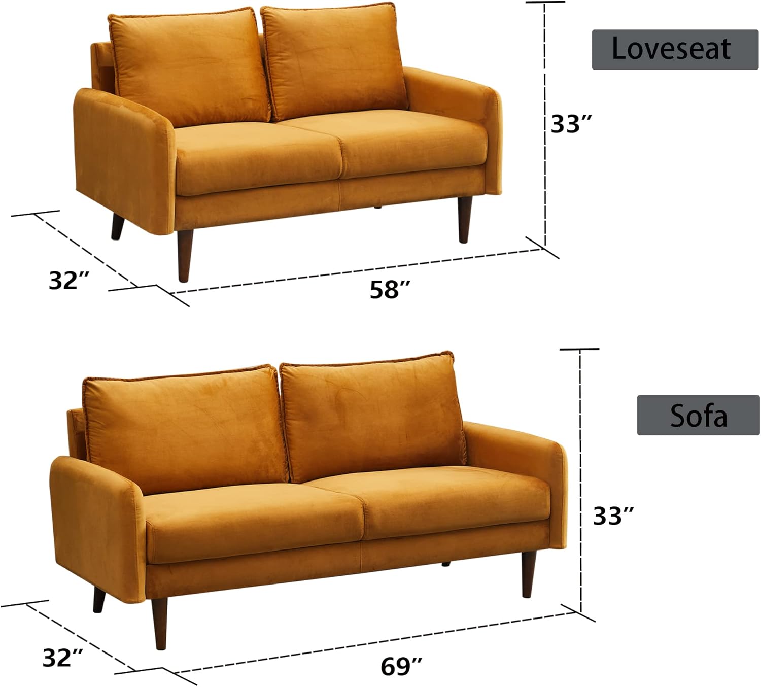 Sofá de terciopelo Sofá moderno de mediados de siglo con patas de madera para sala de estar – Jengibre