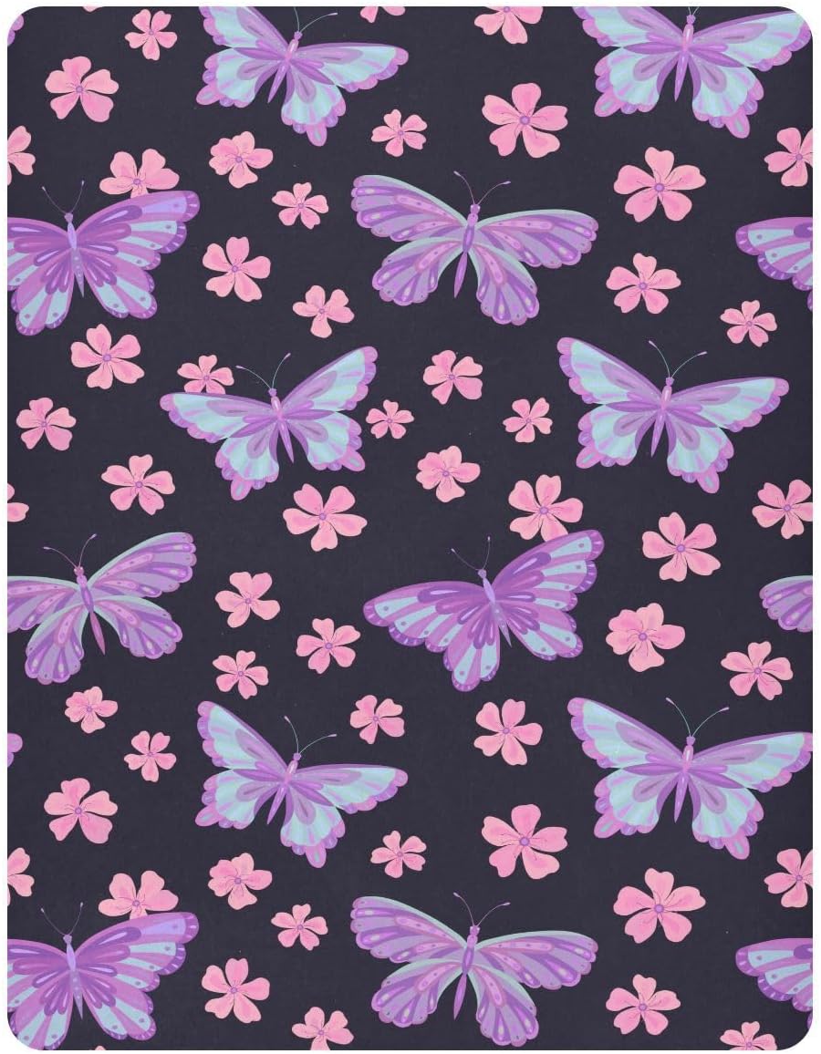 Sábanas bajeras ajustables para cuna, diseño floral, mariposas moradas, portátiles, para bebé y niño, colchón suave y transpirable para cuna de 39 x