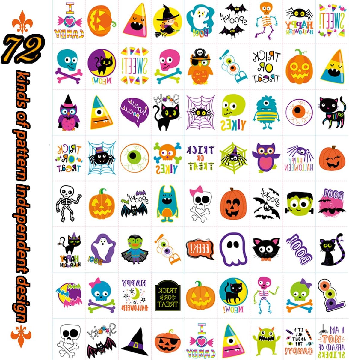 144 piezas de tatuaje temporal de Halloween, calcomanías impermeables de tatuajes de calabaza para niños, recuerdos de fiesta de niños, 72 patrones