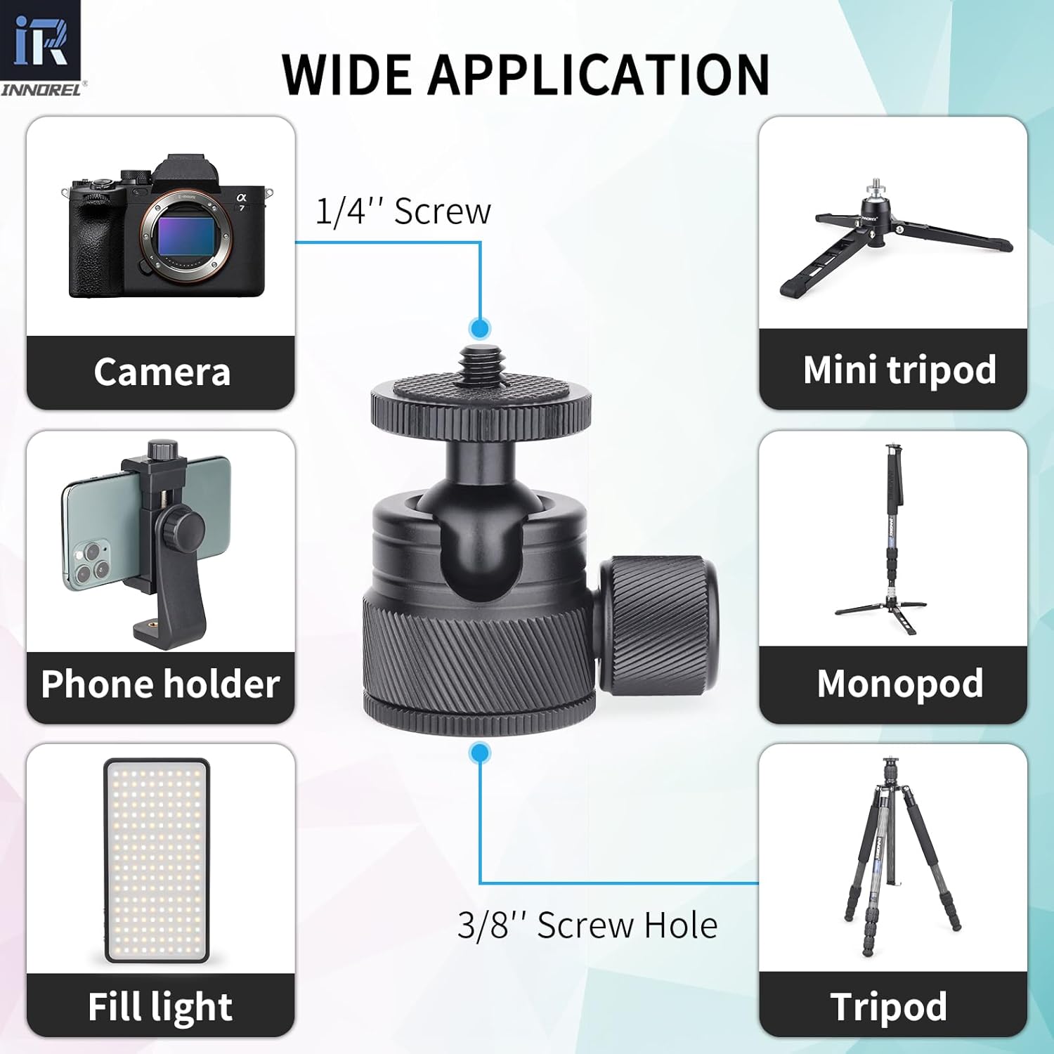 Mini Ball Head-INNOREL C19 Mount Tripod Head-CNC Metal Low Profile Ballhead 360 Pan 90 Tilt Trípodes Montaje con 38″ a 14″ Adaptador de 38″ a 14″