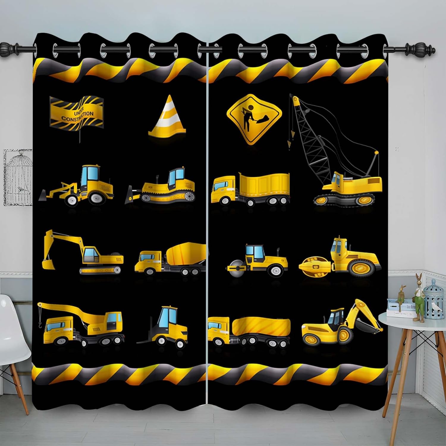 Baocicco Cortinas de construcción para niños, para dormitorio, excavadora, tractor, camión, cuarto de bebé, cortinas de oscurecimiento con ojales,