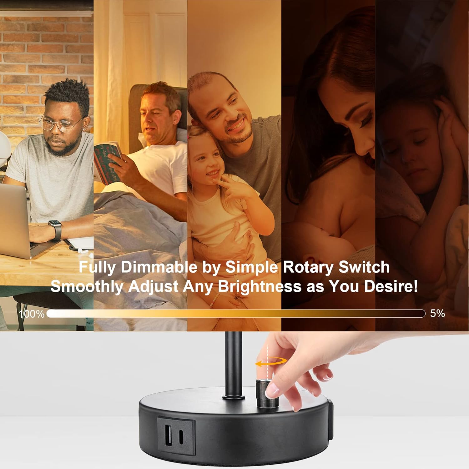 Lámparas de mesita de noche de 15.75 pulgadas con puertos USB A+C y salida de CA, pequeña luz de mesita de noche para dormitorios, lámpara de