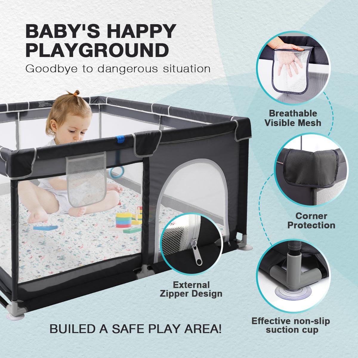 Corralito con tapete suave, corralito seguro para bebés y niños pequeños, patio de juegos fácil de instalar con alfombra, pasador de juego