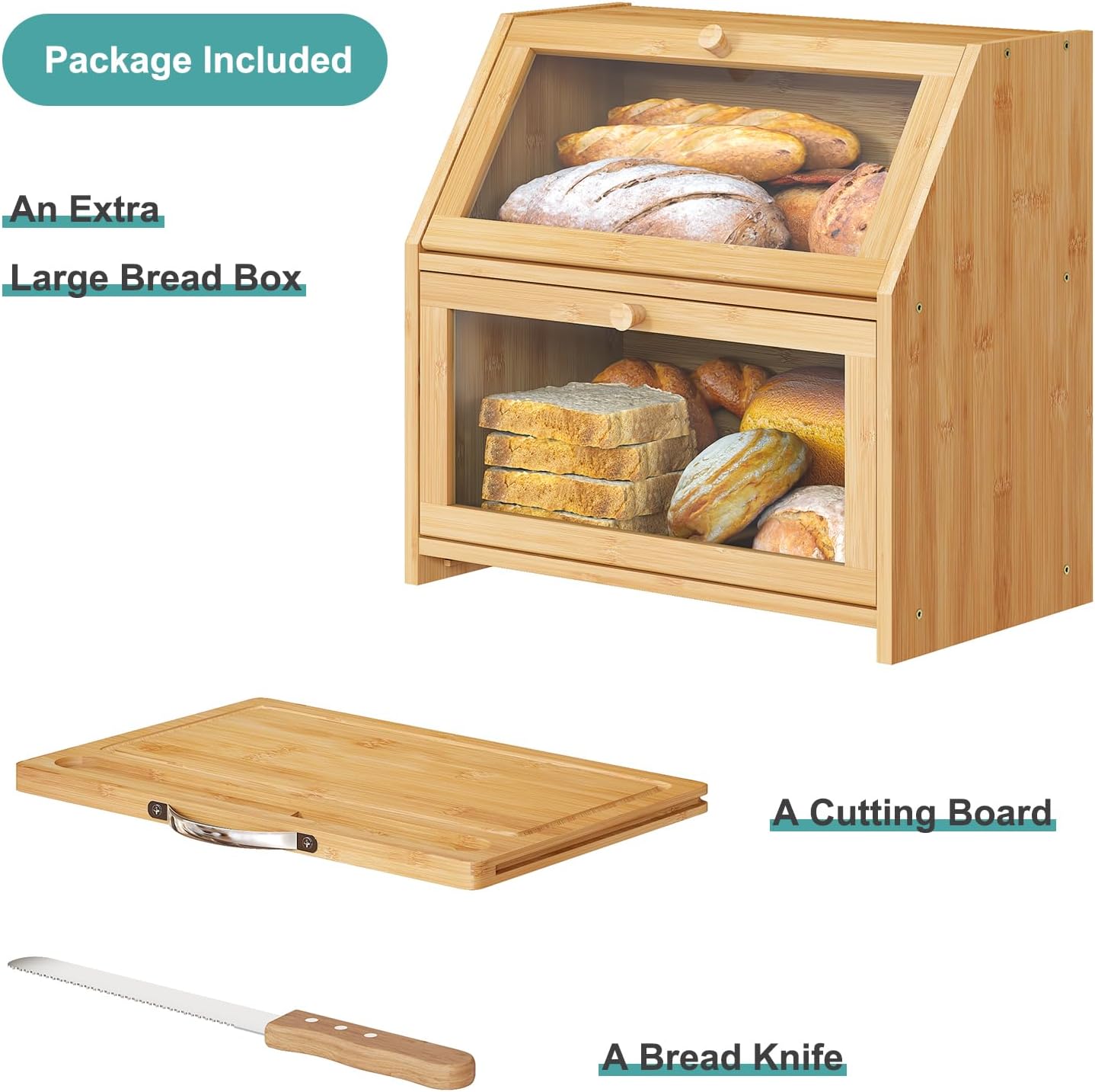 Panera grande con tabla de cortar, panera para encimera de cocina, panera de madera de bambú (panel de puerta transparente + tabla de cortar)