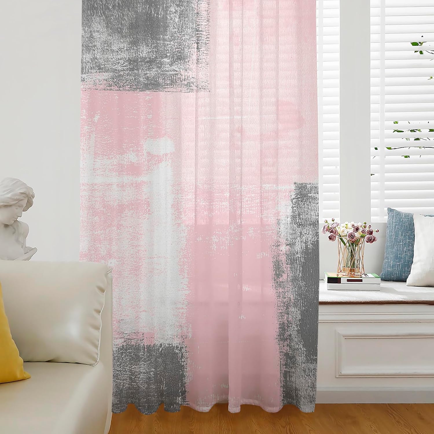 Cortinas de ventana color rosa y gris de 96 pulgadas de largo, cortinas de gasa semitransparentes con bolsillo para barra, cortinas de gasa para