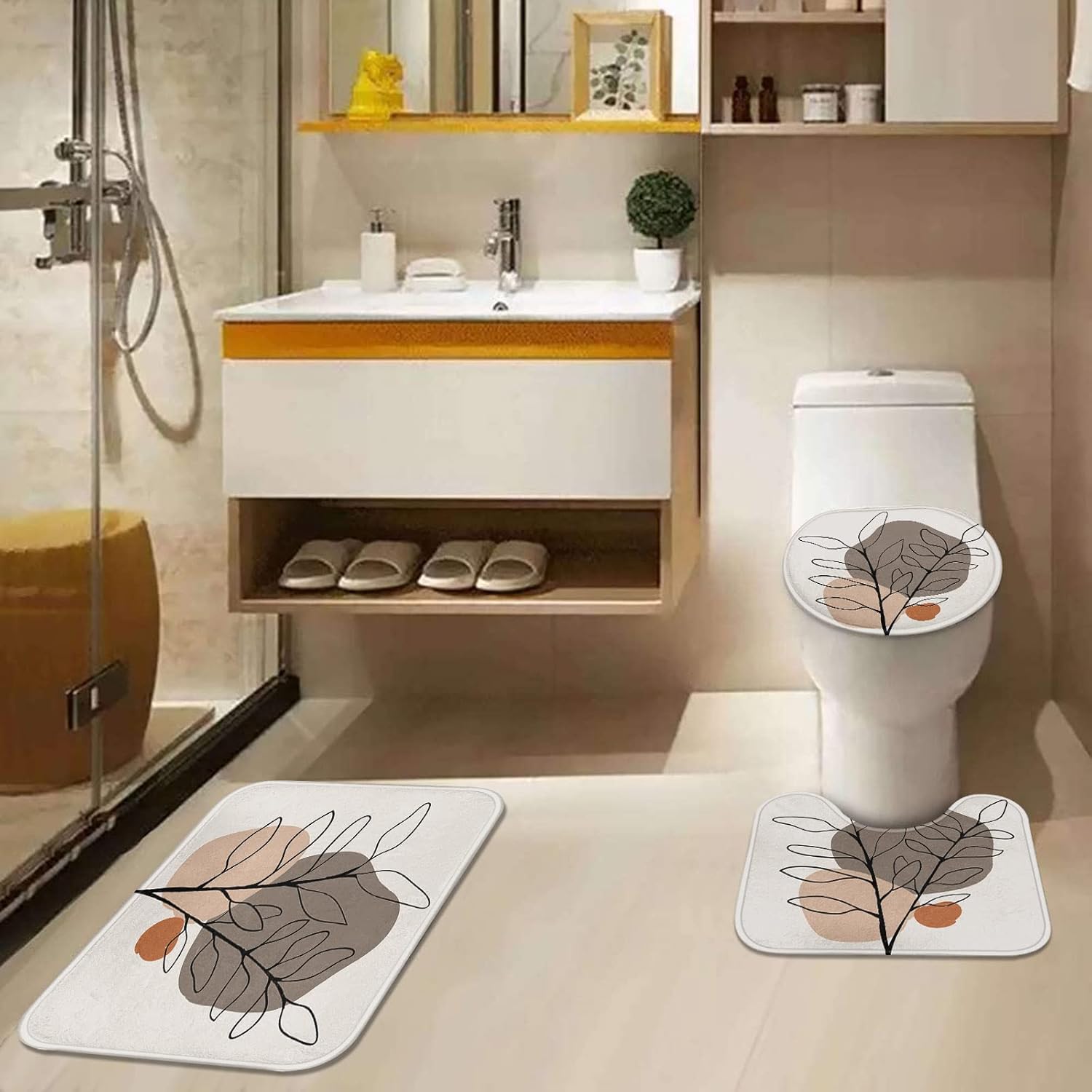ArtSocket Juego de baño de hojas tropicales con cortina de ducha y accesorios de alfombras, cortina de ducha floral de mediados de siglo para baño,
