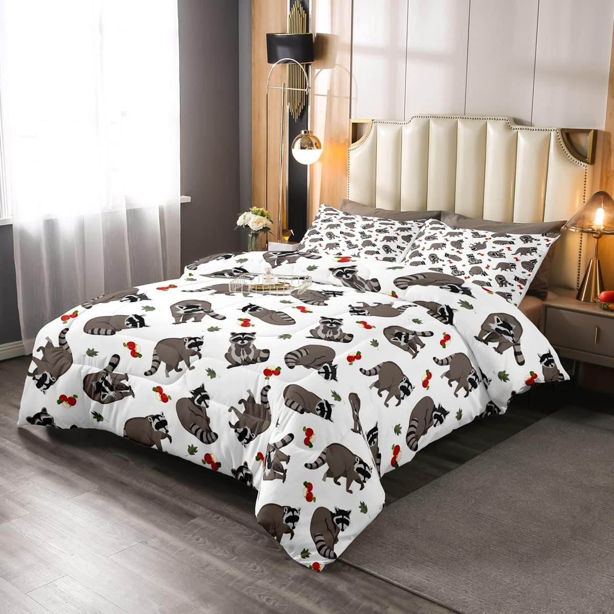 Feelyou Juego de edredón de mapaches lindos de dibujos animados para niños y niñas, bonito juego de ropa de cama con decoración de hojas de manzana,