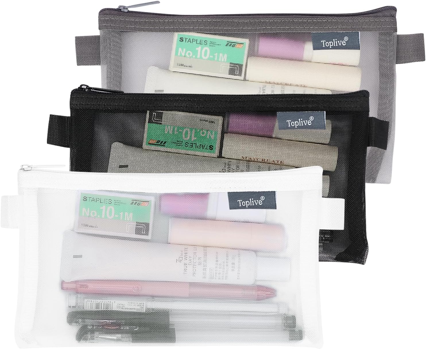 Toplive Juego de 3 estuches para lápices, bolsa transparente para lápices de examen, bolsa de malla con cremallera para bolígrafos, bolsa de