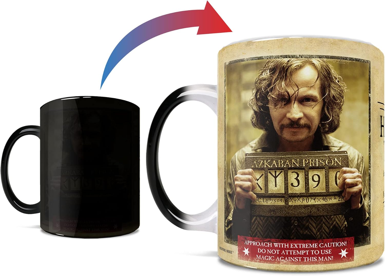 Morphing Mugs Harry Potter – Sirius Black – Wanted Wizard – Una taza de cerámica sensible al calor que cambia de color de 11 onzas  Imagen revelada