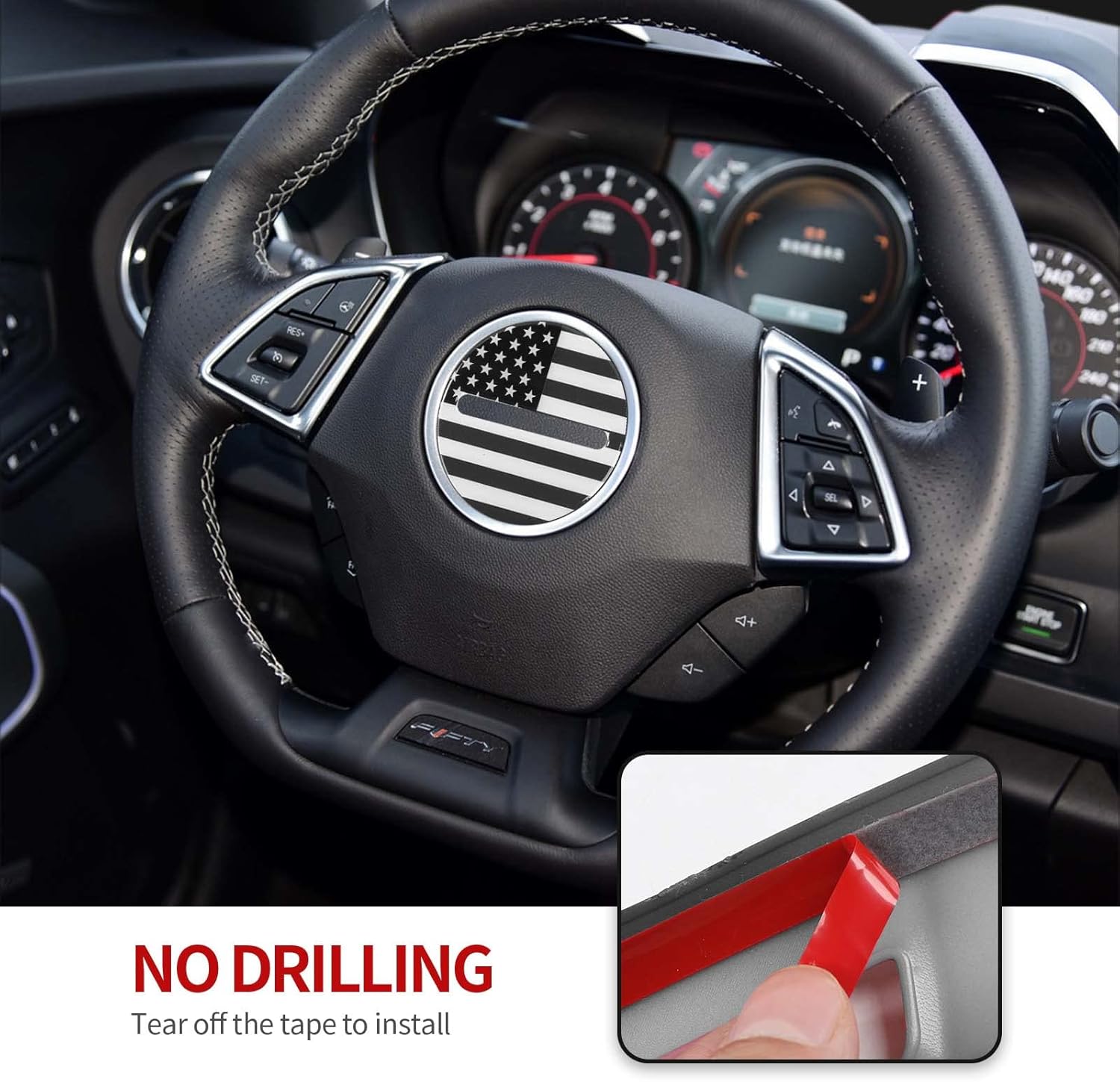 CheroCar Adhesivo decorativo para volante, accesorios interiores compatibles con Chevrolet Camaro 2016 2017 2018 2019 2020 2021 2022, bandera
