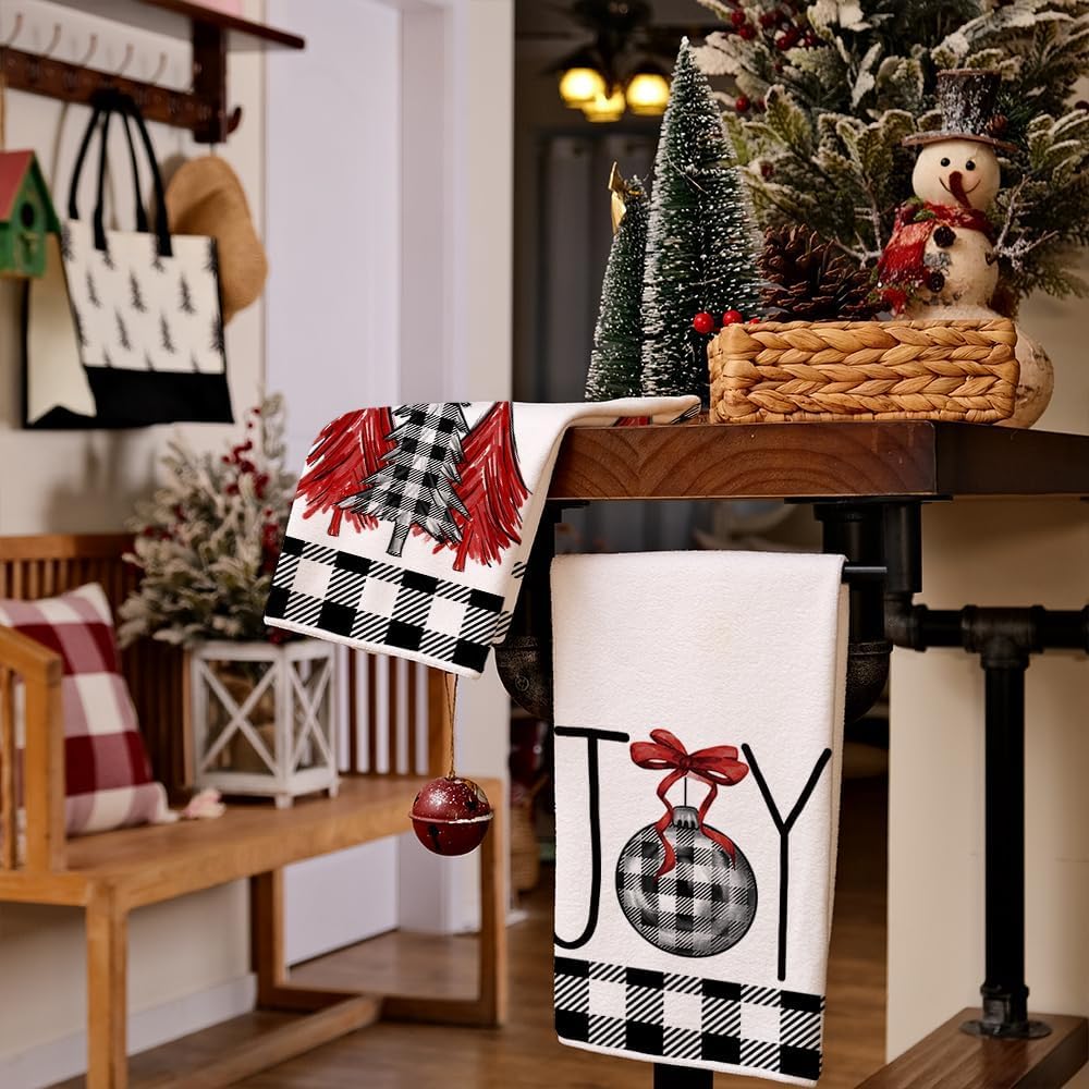 ARKENY Juego de 2 paños de cocina de Navidad para decoración de Navidad, diseño de búfalo negro, 18 x 26 pulgadas, color rojo Joy Noel, árbol de